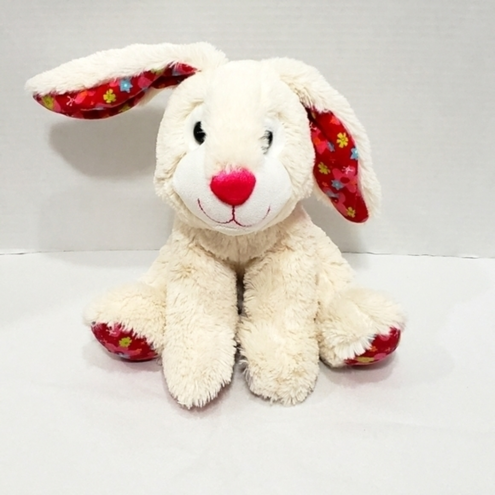 Bunny Stuffed Animal, Cream with Red floral ears and Paws. Super Soft and Cuddly